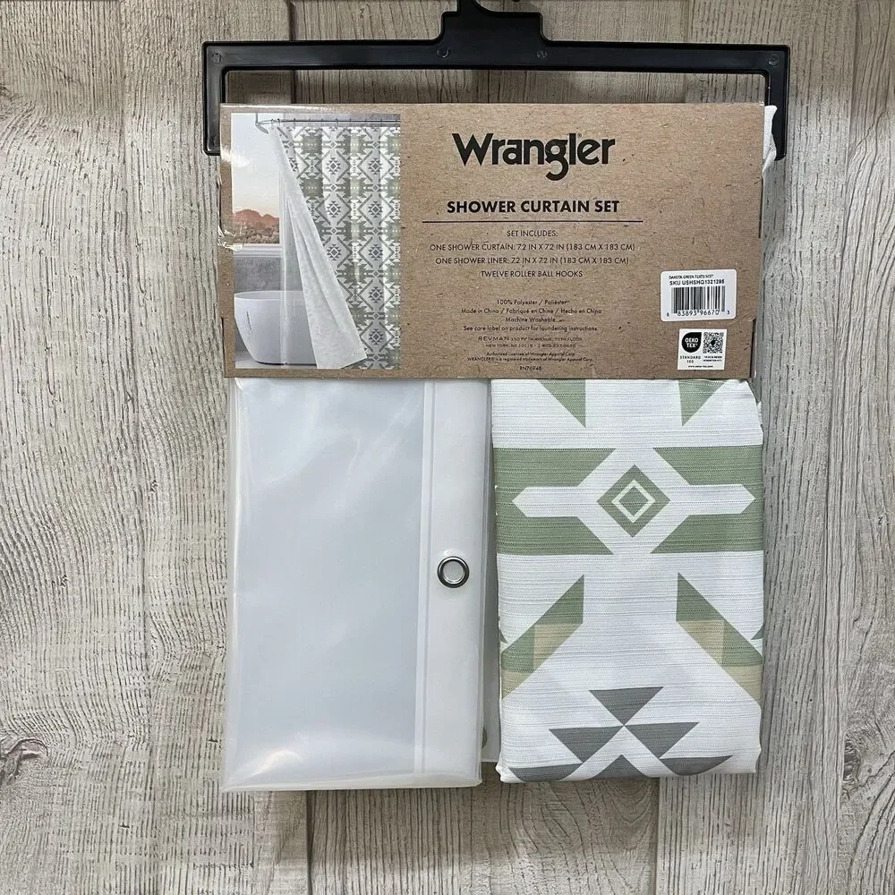 Wrangler 14 Piece Green White Aztec Shower Curtain Set Southwestern Geometric